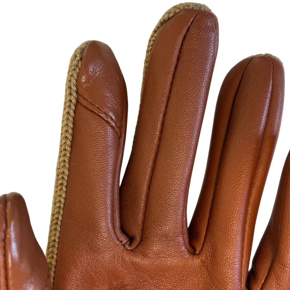 NEW Cole Haan Womens Leather &‎ Wool Knit Touchscreen Gloves Cognac Camel Small